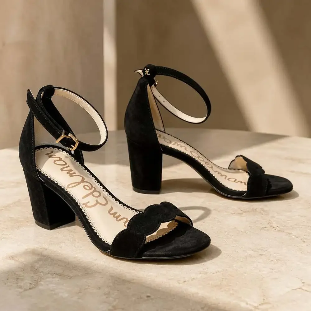 Sam Edelman Odila Black Suede Scallop Block Heel Sandals Women 8.5 Ankle Strap